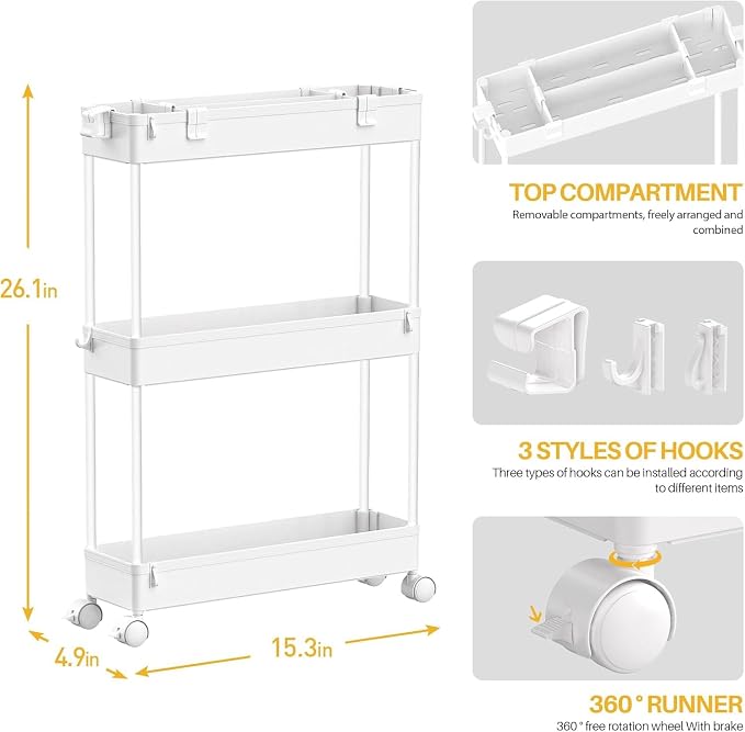 SPACELEAD 2-piece Set Slim Storage Cart 3 Tier,Bathroom Organizer Rolling Utility,Mobile Shelving Unit Slide Out for Office, Kitchen, Laundry Room & Narrow Places