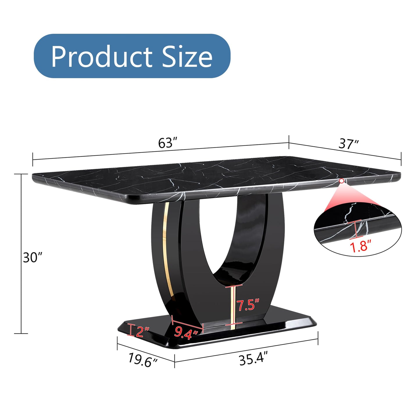 JUFU 63" Black Marble-Look Dining Table for 6, Modern Rectangular Kitchen & Dining Room Table, Glossy Faux Marble Finish Top, Pedestal Base, Easy Assembly