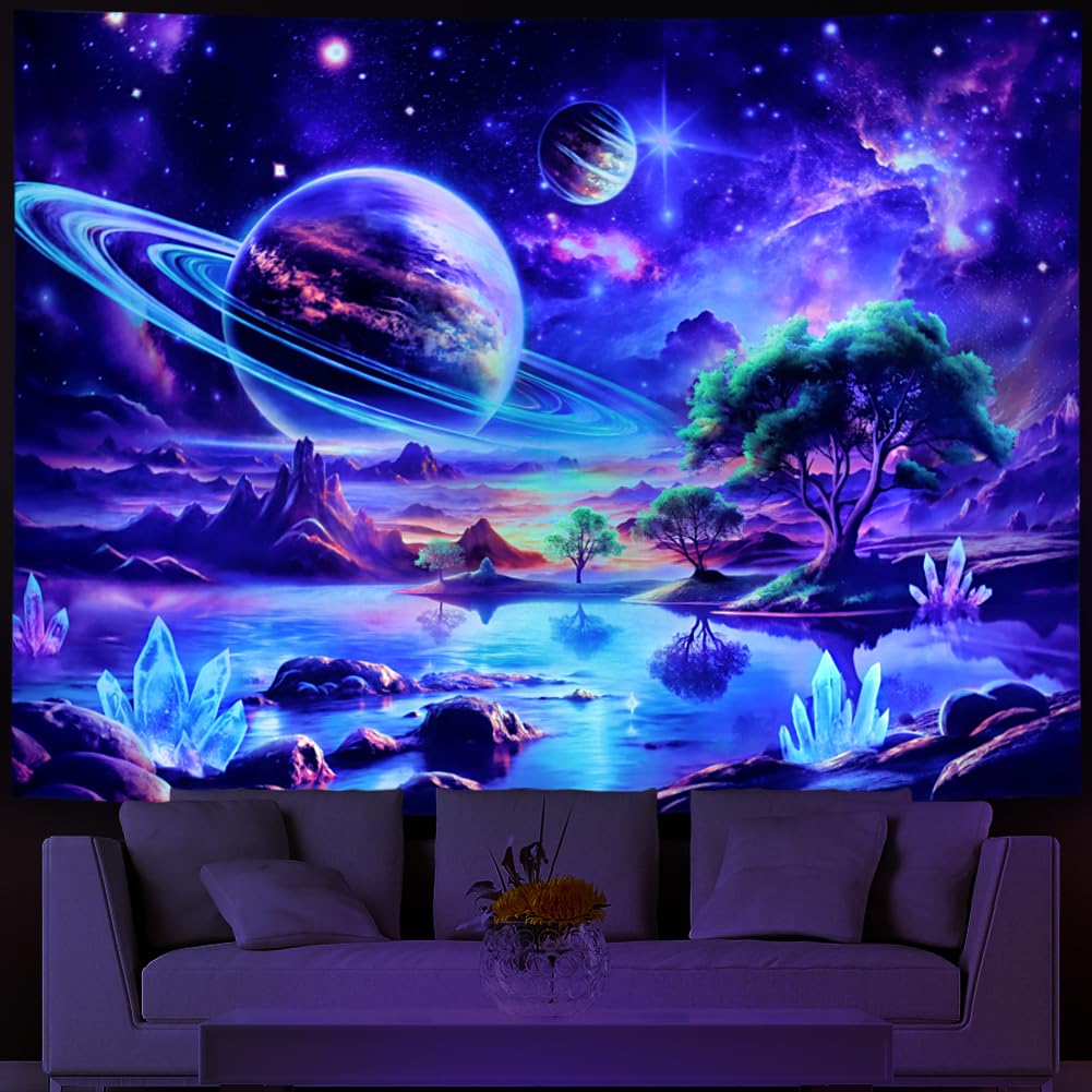 Blacklight Galaxy Space Tapestry UV Reactive Planet Wall Hanging Magical Trees Tapestries Cosmic Mountain Landscape Wall Decor Aesthetic Starry Night Backdrop for Bedroom