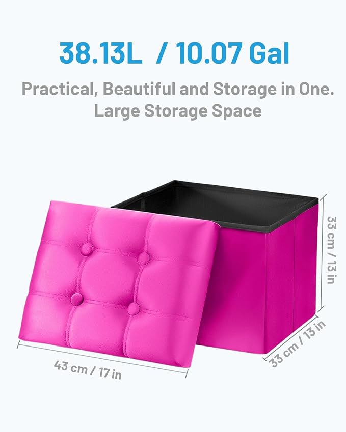 AmasSmile Storage Ottoman Foot Rest Stool, 17 inch Velvet Footstool Bench, Hot Pink Short Ottomans Stool, Small Folding Storage Ottoman Store Books, Record