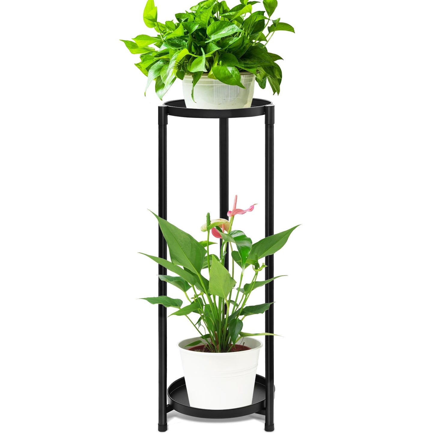 VeyFolzin.st 2 Tier Round Tall Metal Plant Stand indoor outdoor, Rustproof Round Planter Display Storage Rack, Heavy Duty Potted Holder for Home Garden Patio Bathroom Living Room(Black)