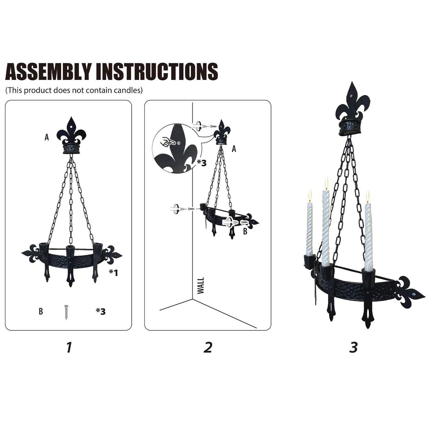 We Moment Black Candle Sconces, 3-Candle Wall Sconces for Taper Candle, Gothic Victorian Candelabra Wall Decor, Rustic Holder for Bathroom, Staircase, Living Room, Dining Room，Set of 1
