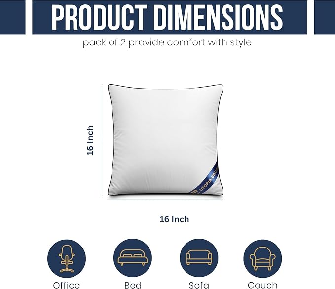 Utopia Bedding Throw Pillow Inserts (Pack of 2, White), 16 x 16 Inches Decorative Indoor Pillows for Sofa, Bed, Couch, Cushion Sham Stuffer