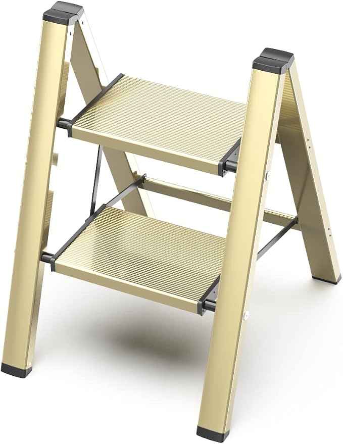 2 Step Ladder, Aluminum Folding Step Stool with Anti-Slip Sturdy and Wide Pedal, Lightweight Portable Multi-Use Stepladder for Home and Kitchen Use Space Saving, Gold, 330 lbs
