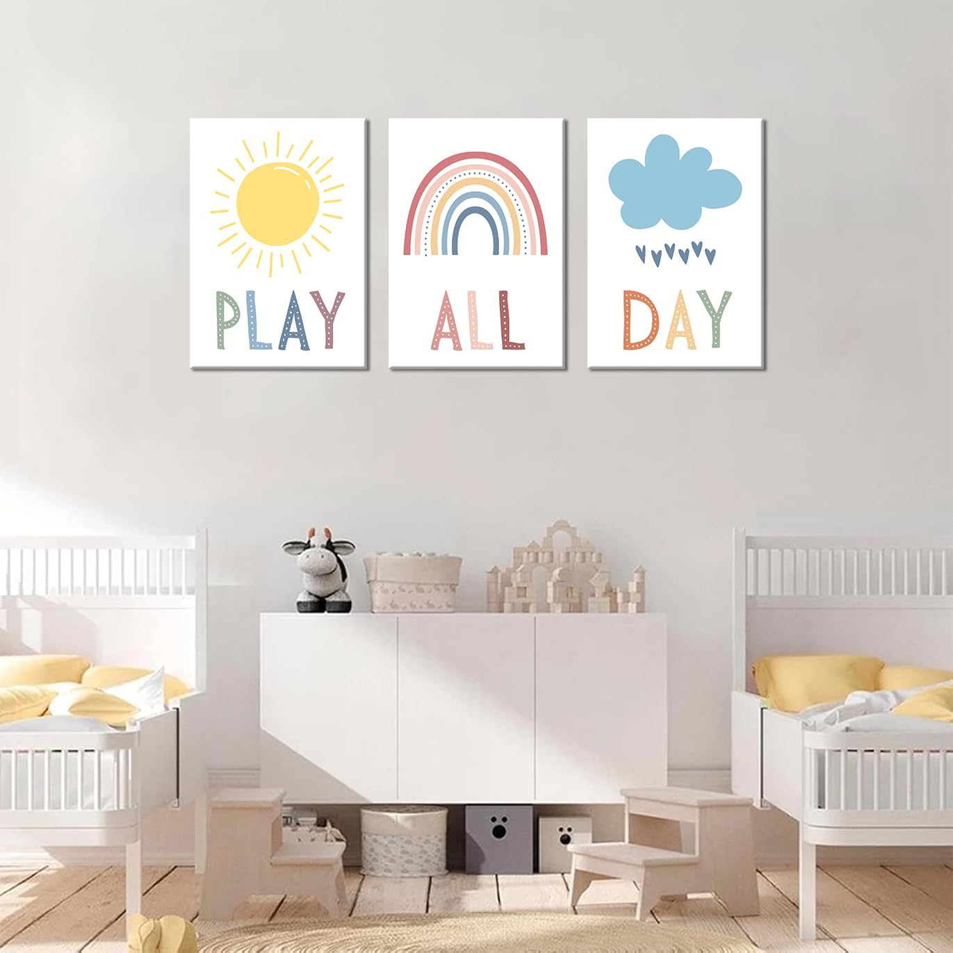 3Pcs Boho Nursery Canvas Wall Art Play All Day Kids Room Wall Decor Pictures Rainbow Sun Cloud Posters Prints for Boy Girl Bedroom Playroom Classroom Decoration, 12x16in