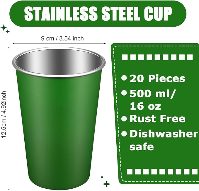 Mimorou 20 Pack 16 oz Stainless Steel Pint Cups Metal Cups Unbreakable Drinking Water Tumblers Stackable Tumbler for Adults Bar Home Restaurant Travel Picnic Camping Outdoor (Bright Green)