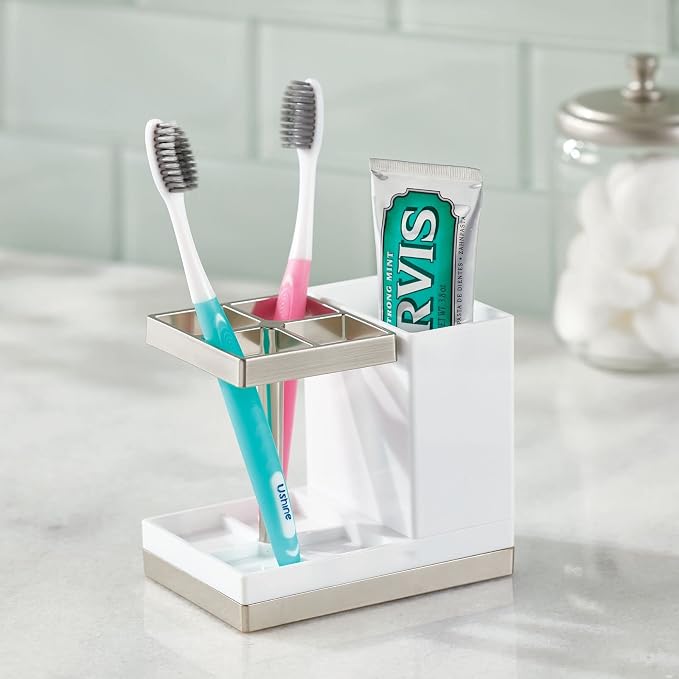 mDesign Plastic Toothbrush and Toothpaste Storage Organizer Holder - Home Decor for Bathroom Countertop - Holds Toiletries and Beauty Accessories - Lumiere Collection - White/Brushed