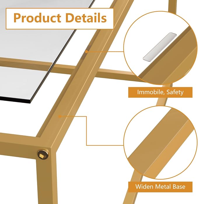 Coffee Table,Tempered Glass Coffee Table,Minimalist Center Table for Living Room,Office,Modern Glass Top Coffee Table with Sturdy Metal Frame & Open Storage, Easy Assembly,Gold