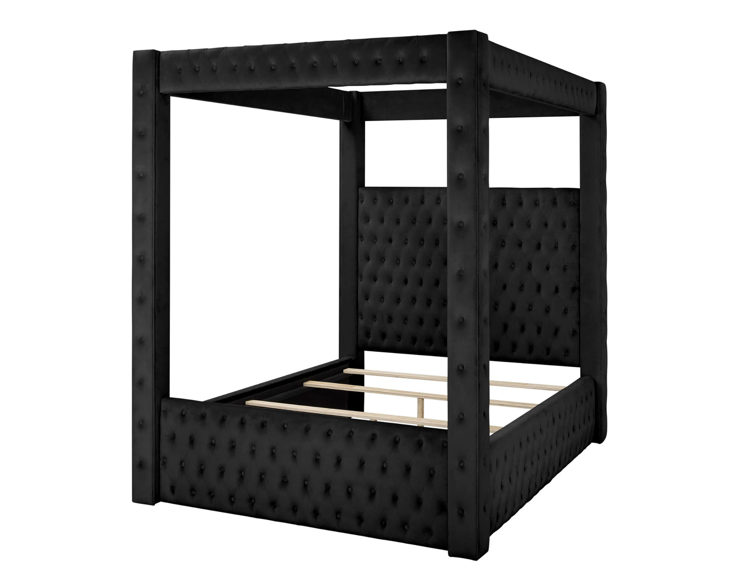 Wirktive Velvet Canopy Bed Frame King - Upholstered Four Poster Bed Frame with Tufted Headboard and Footboard, Luxury Bed Frame with Wood Slats for Bedroom Furniture, Box Spring Required, Black