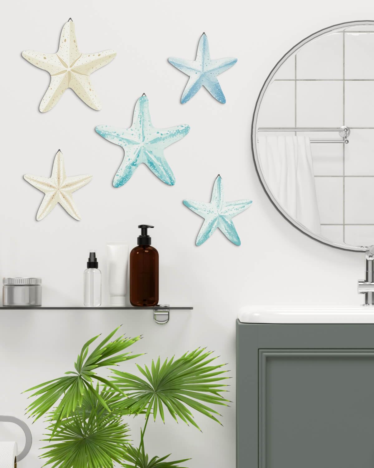 Putuo Decor Coastal Nautical Starfish MDF Wall Art Set of 5 Beach Wall Decor Coastal Hanging Décor for Bathroom, Living Room, Patio (Flat, It's Not 3D, Not Real Starfish)