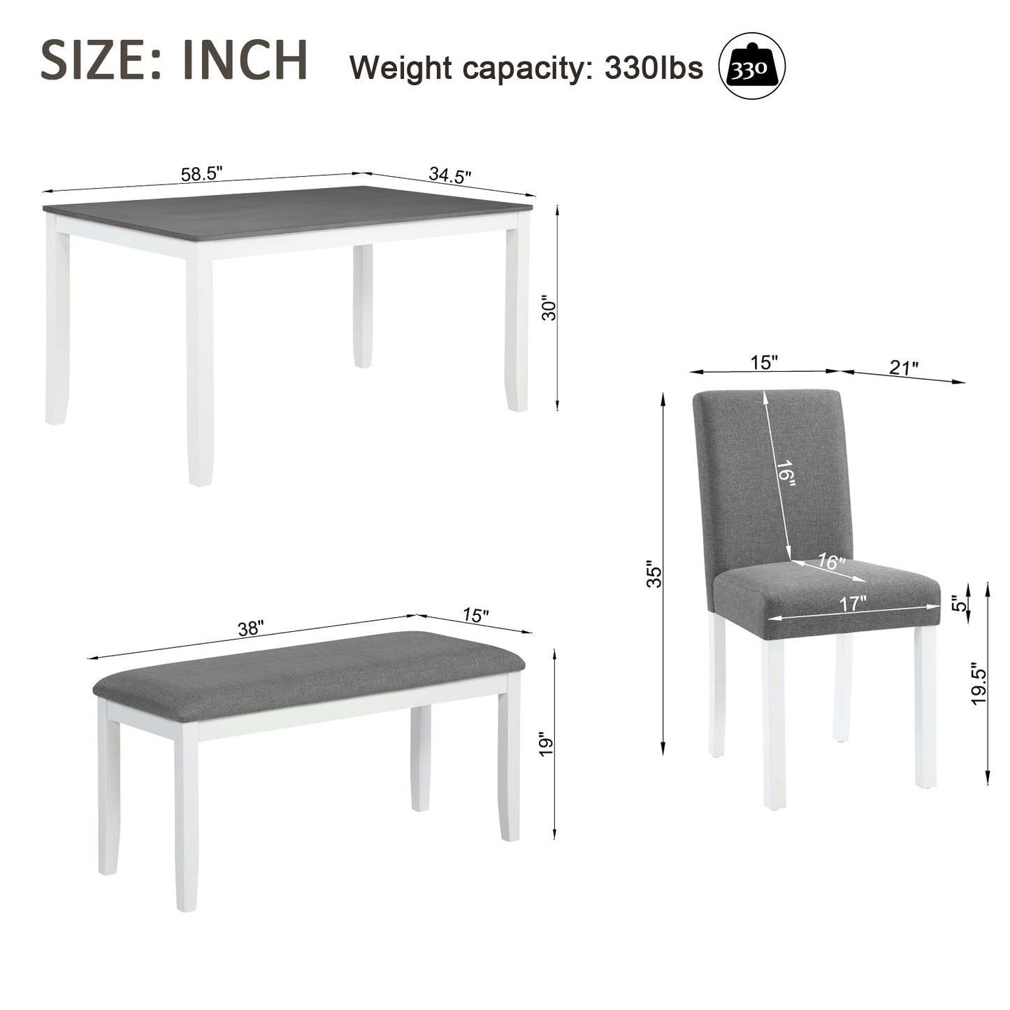 Casaphoria 6-Piece Dining Table Set with Bench and 4 Upholstered Chairs, Modern Wood Kitchen Table Set for 6, Grey & White Two-Tone Furniture for Dining Room, Small Spaces, Family Breakfast & Parties