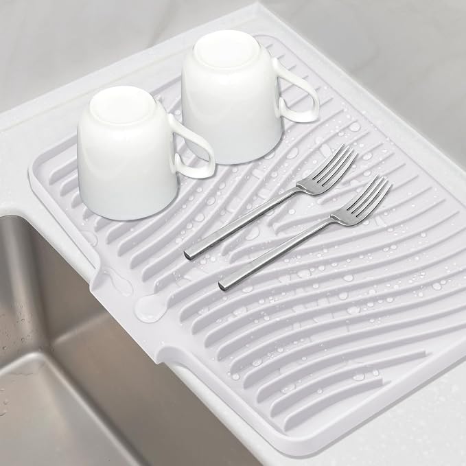 TIKNIK Silicone Dish Drying Mat for Kitchen Counter - Heat Resistant & Non-Slip Dish Drain Pad with Built-In Drain, Dishwasher Safe, Quick-Dry, Hangable & Roll-Up for Storage, White-1pcs, 20" x 15"