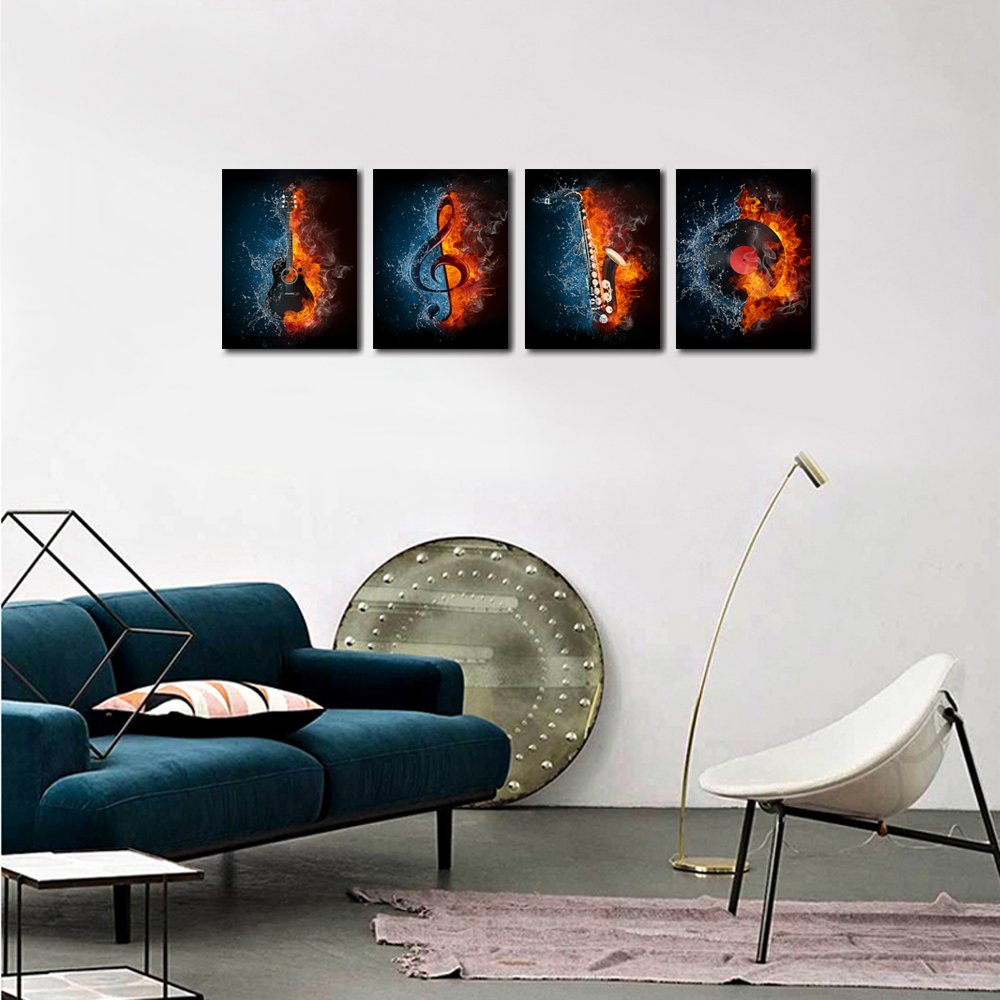 VVOVV Wall Decor - 4 Panel Music Canvas Painting Instrument Series Picture Prints Electric Guitar,Music Note,Saxophone and Turntable Wall Art (Music Wall Art)