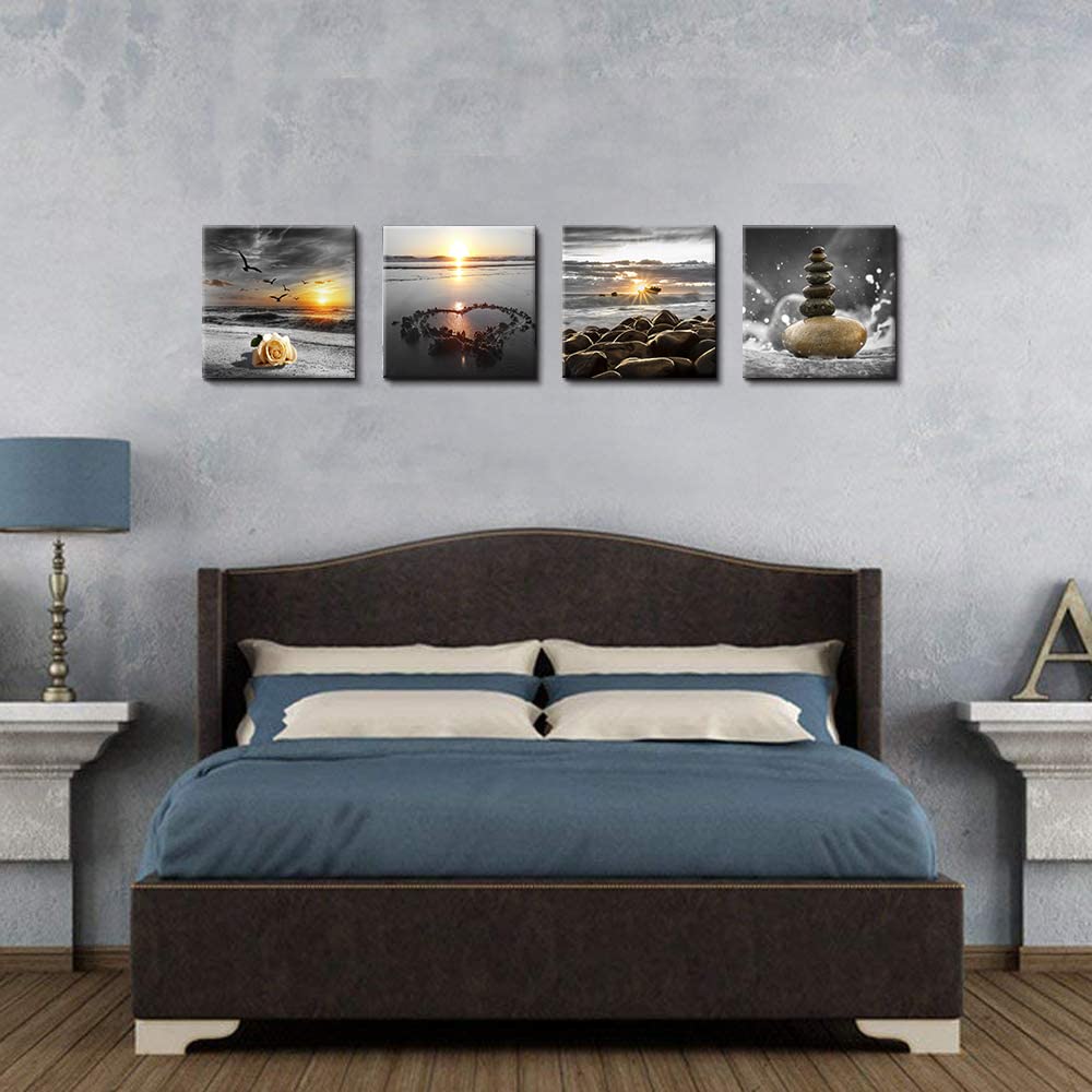 Bamdeya Beach Wall Art Canvas Zen Prints Art Black and White Wall Decor Gold Sea Sunset Seascape Wall Pictures Ocean Sunrise Love Painting for Living Room Bathroom Decor Home Decoration Framed