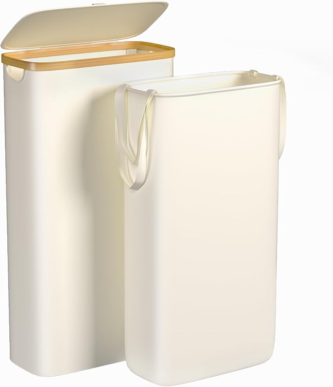 Foluck Slim Laundry Hamper, 60L Waterproof Narrow Laundry Basket with Lid and Removable Bag, Collapsible Tall Clothes Hamper with Bamboo Handles for Clothes Toys in Dorm Bedroom Bathroom, Beige