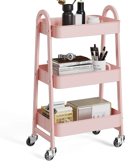 OLIXIS Metal Utility Cart, Mobile Rolling Storage Shelf with Lockable Caster Wheels, Organization for Livingroom, Bathroom & Narrow Places, 3 Tiers Pink