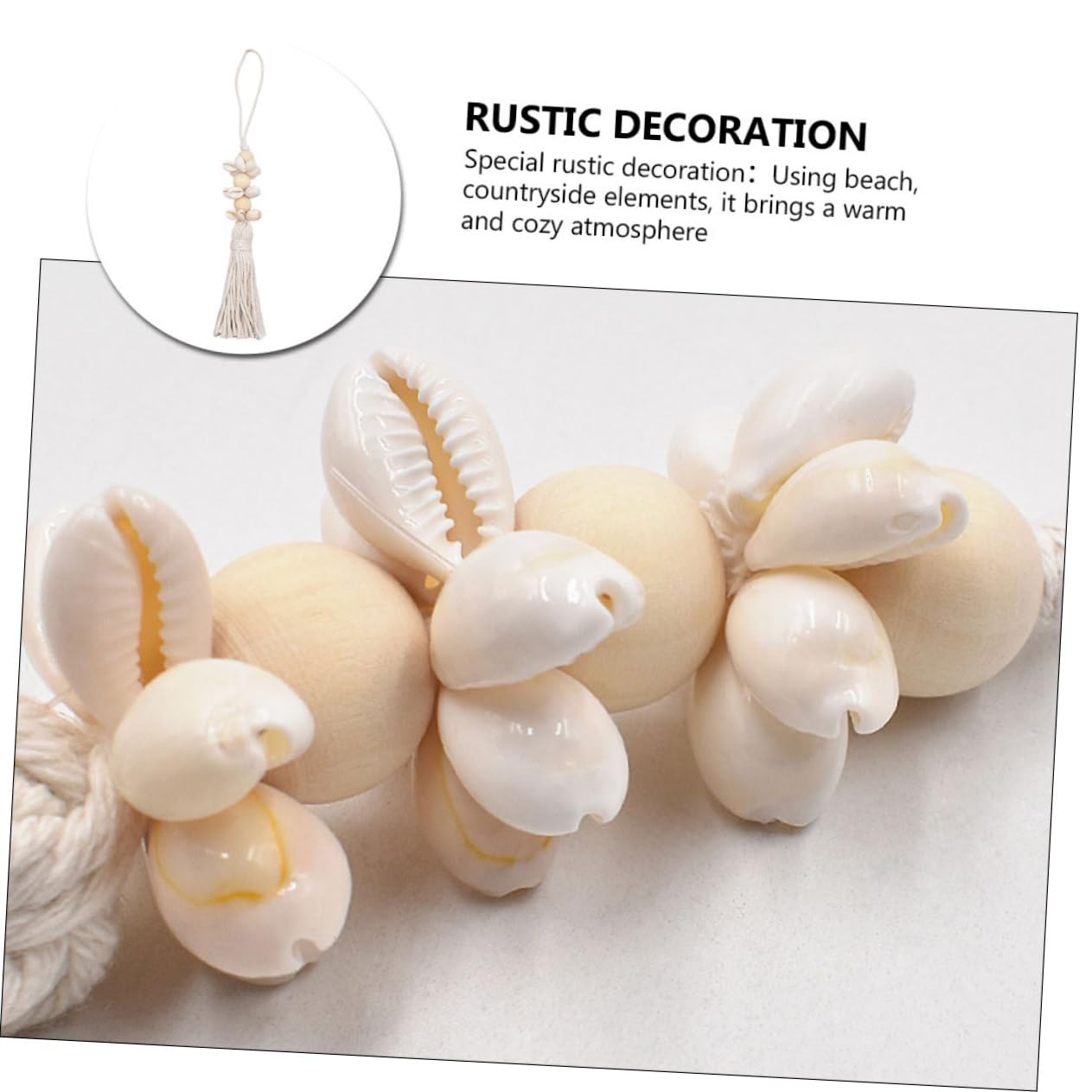 KONTONTY Boho Coastal Decor Wooden Beads String Pendant with Cotton Tassels and Seashells 9.84In Rustic Farmhouse Hanging for Wall Window Decoration
