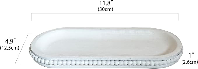 dwellington Wooden Farmhouse Decorative Tray, 12in Rustic Beaded Tray for Living Room Decor, Kitchen Table Décor, Oval Coffee Table Serving Tray (White)
