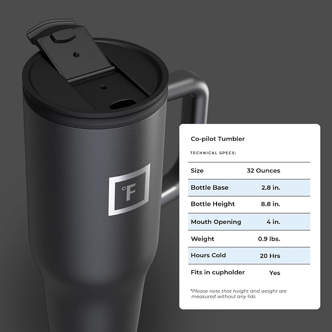 IRON °FLASK Co-Pilot Insulated Mug w/Straw & Flip Cap Lids - Cup Holder Bottle for Hot, Cold Drink - Leak-Proof - Water, Coffee Portable Travel Mug -, 32 Oz