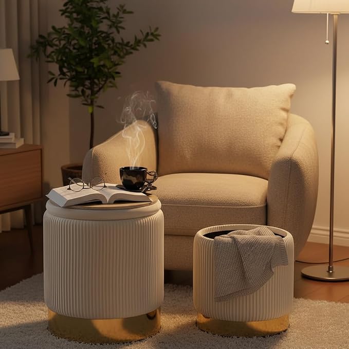 Velvet Round Ottoman Set of 2 with Storage 12 Gallon Capacity - Multi-Functional Stool for Living Room, Footrest, Vanity Seat, Coffee Table, Sturdy 300lb Capacity（Cream White）