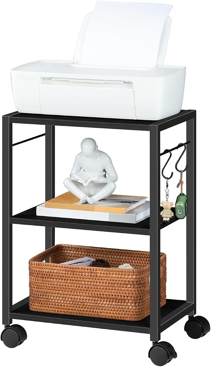 MAHANCRIS Printer Stand, 3-Tier Under Desk Rolling Cart with Storage Shelf, Heavy Duty Printer Table with Wheels for Home Office, Printer Shelf with 2 Hooks, for Small Spaces, Black PTHB4001V