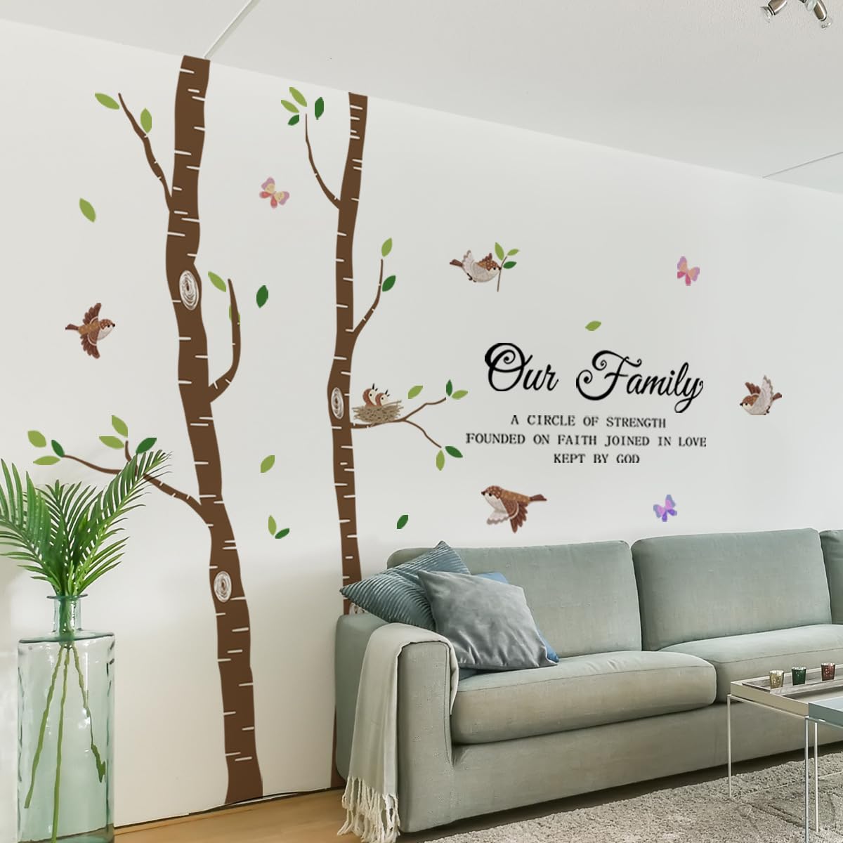 iMagitek Large Birch Tree Birds Wall Decals, Religious Family Quotes Wall Stickers for Living Room Home Decor, 109x94 Inches