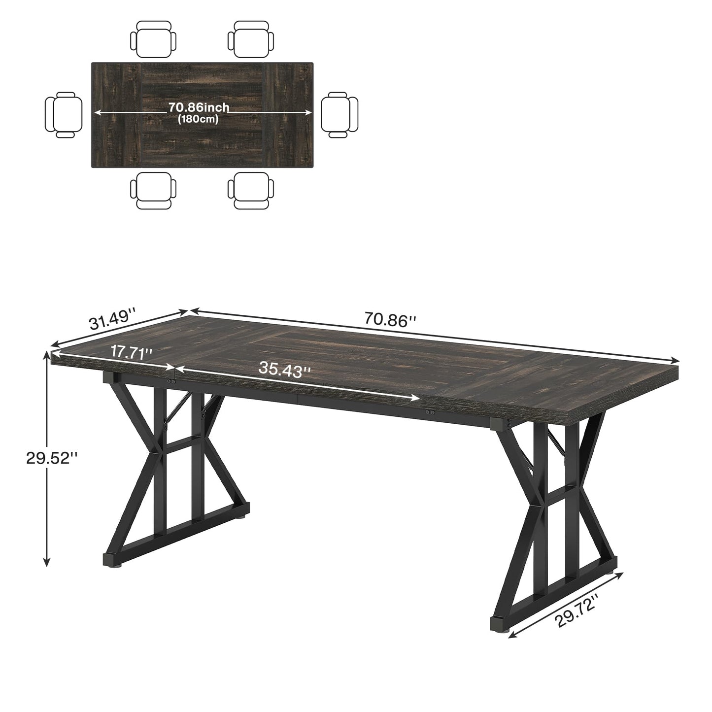 Tribesigns Farmhouse Dining Table for 6 People, 70.8-Inch Rectangular Wood Dining Table, Rustic Kitchen Table with Heavy Duty Metal Legs for Dining Room (Black, 70.8 Inch)