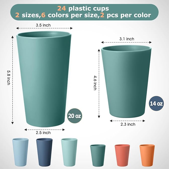 HEYCOME 24 Pcs Unbreakable Plastic Cups Set, 12 Pcs 14 oz and 12 Pcs 20 oz Reusable Plastic Cups, Stackable Water Tumblers, Drinking Cup for Kitchen, BPA-free, Dishwasher and Microwave Safe, 6 Colors