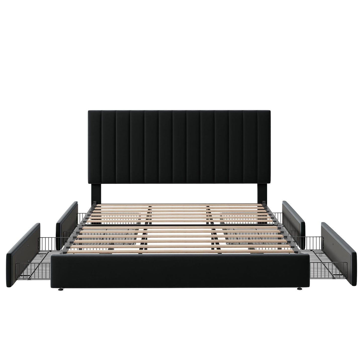 Allewie King Size Storage Bed Frame, Vertical Channel Tufted Adjustable Headboard, Velvet Upholstered Platform Bed with 4 Oversized Underbed Drawers, Wooden Slats Support, No Box Spring Needed, Black
