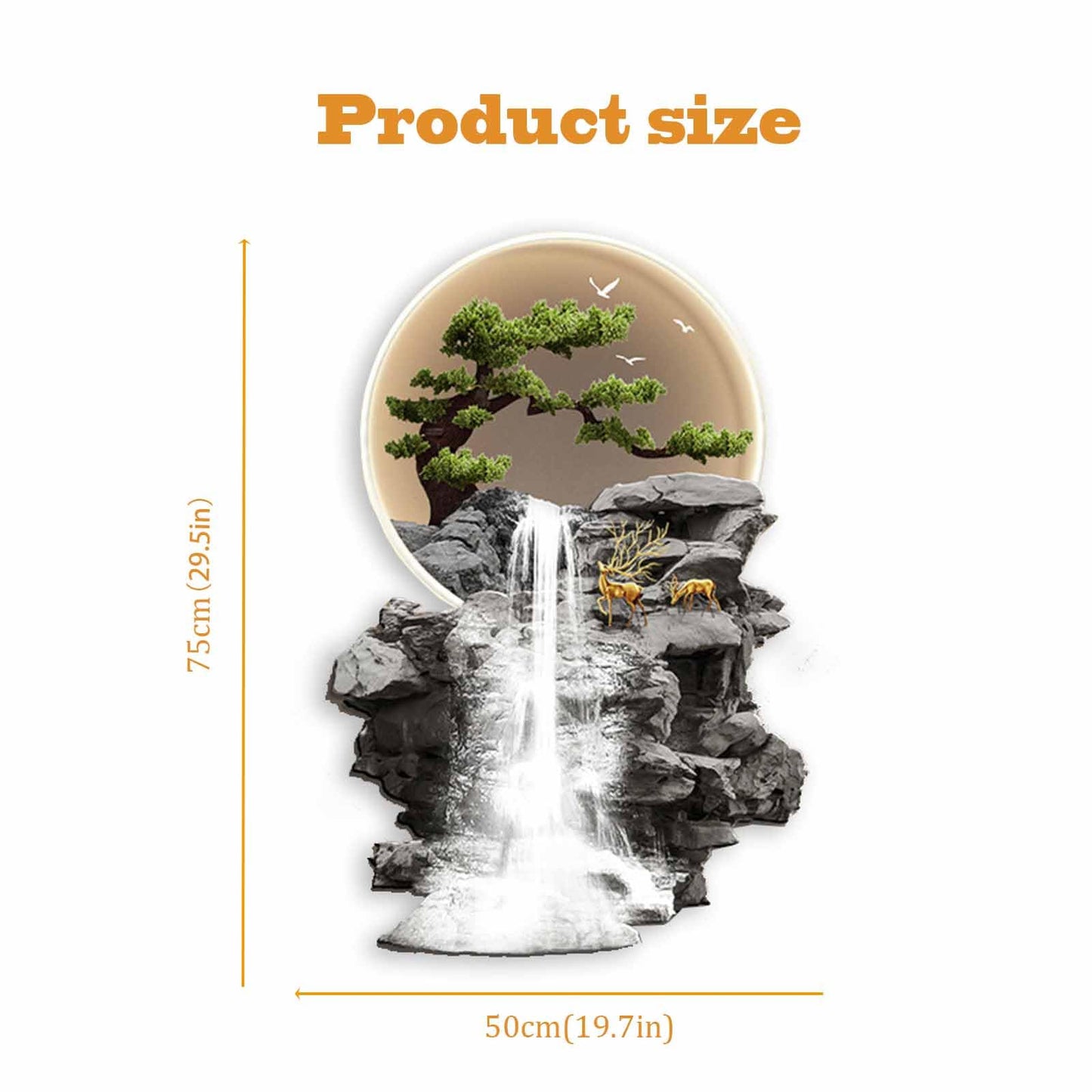 YFQHRXYS 3D Oriental Waterfall Wall Art with LED Light,Oriental Welcoming Pine Landscape for Living Room Office Decor,Modern Art Wall Decor Sculptures, Plug-in Power Supply, Remote Control（50 * 75cm）