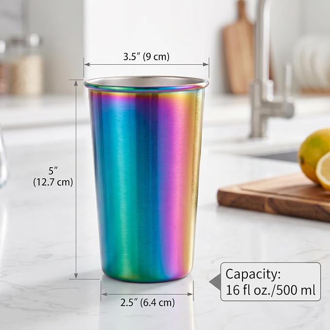 Tosnail 6 Pack Stainless Steel Pint Cups, 16 oz Metal Cups Unbreakable Drinking Glasses Water Tumblers for Kids, Adults Indoor and Outdoor Use, Rainbow
