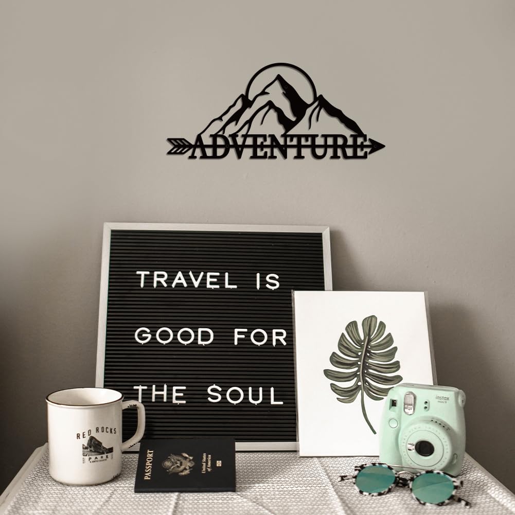 WADORN Metal Mountains Wall Art Decor, Mountains Adventure Metal Wall Art Hanging Decor Signs Adventure Word Wall Sculpture Statues Decor for Home Bedroom Bathroom Office, 6.6x14.9 Inch