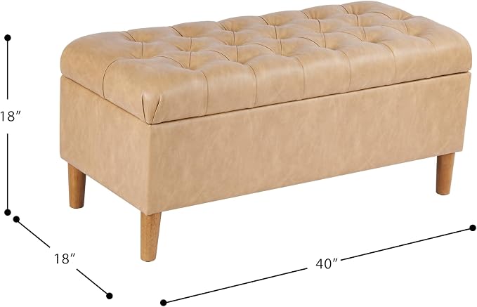 HomePop Button Tufted Storage Bench with Cone Wood Legs - Sand Faux Leather