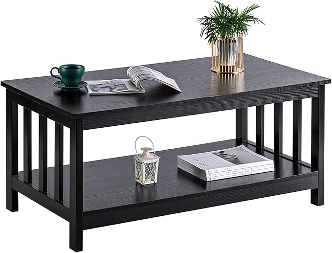 ChooChoo Mission Coffee Table, Black Wood Living Room Table with Shelf, 40 Black