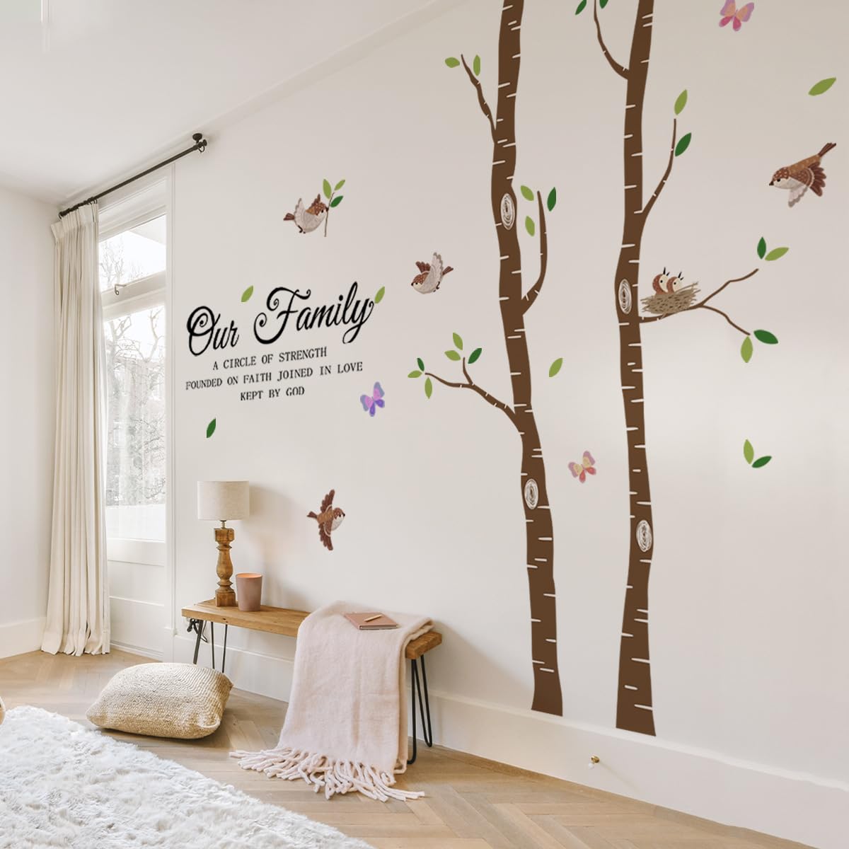 iMagitek Large Birch Tree Birds Wall Decals, Religious Family Quotes Wall Stickers for Living Room Home Decor, 109x94 Inches