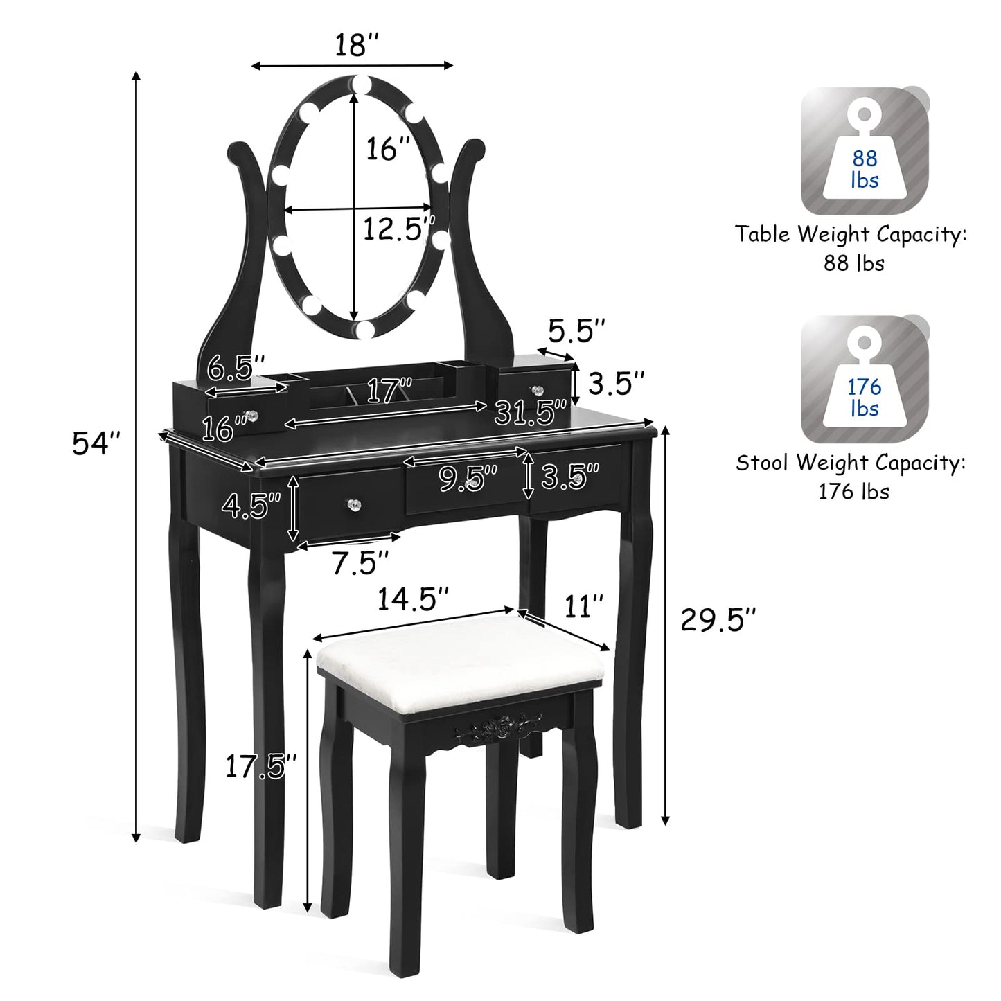 LDAILY Vanity Set with 10 Dimmable LED Bulbs, Vanity Desk with Rotating Lighted Mirror, Cushioned Stool & 5 Drawers, Modern Easy Assembly Bedroom Dressing Table for Girls Women (Black)
