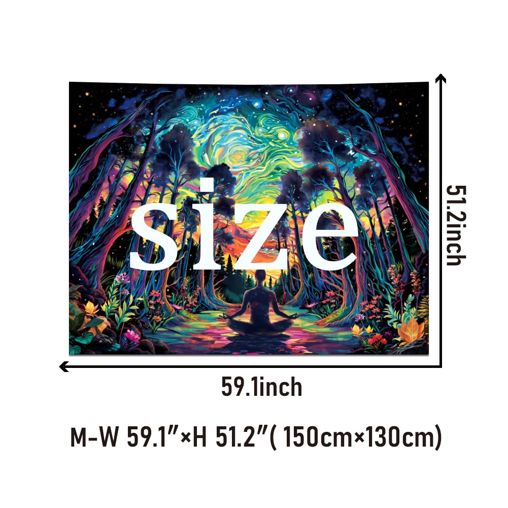 Heopapin Blacklight Psychedelic Forest Meditation Tapestry UV Reactive Cosmic Galaxy Starry Sky Wall Art Tapestry Trippy Yoga Spiritual Chakra Wall Hanging Tapestries for Home Decor 59.1L x 51.2W