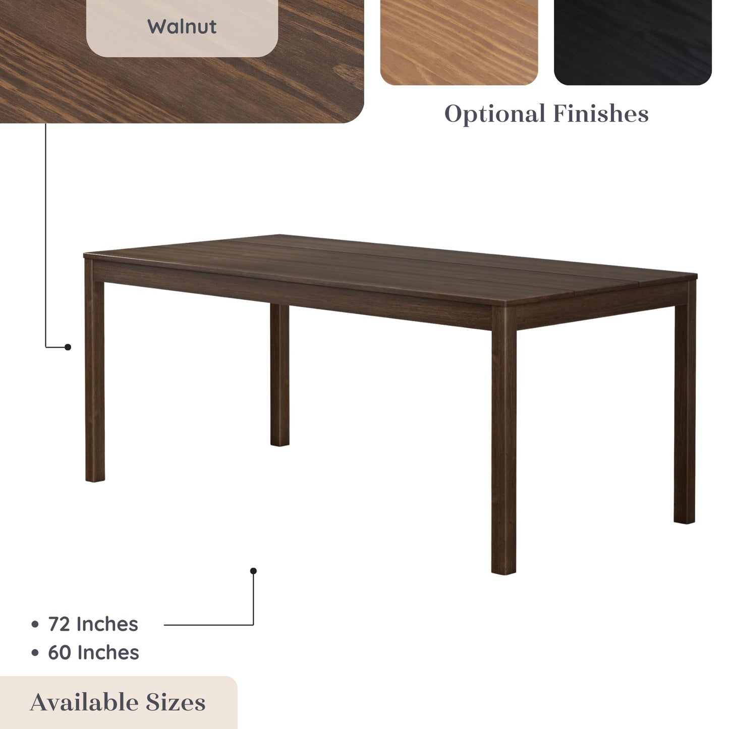 Grain & Grove Davie 72 Inch Rectangular Walnut Wood Dining Table for Kitchen/Dining Room, Home Office, Living Room Furniture