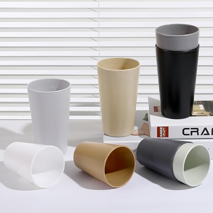 HEYCOME Set of 16 Wheat Straw Cups, 8 Pcs 20 oz & 8 Pcs 12 oz Unbreakable Drinking Cups, Reusable Plastic Cups Sets, Water Glasses Tumblers, Microwave & Dishwasher Safe, Bpa Free, 8 Colors