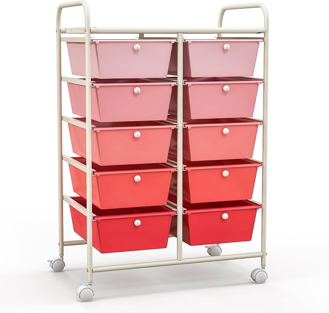 Giantex 10 Drawers Rolling Cart, Classroom Organizers, Storage Cart with Wheels, for Teacher Office Home School Supplies Tool Craft Art Paper, Pink Gradient