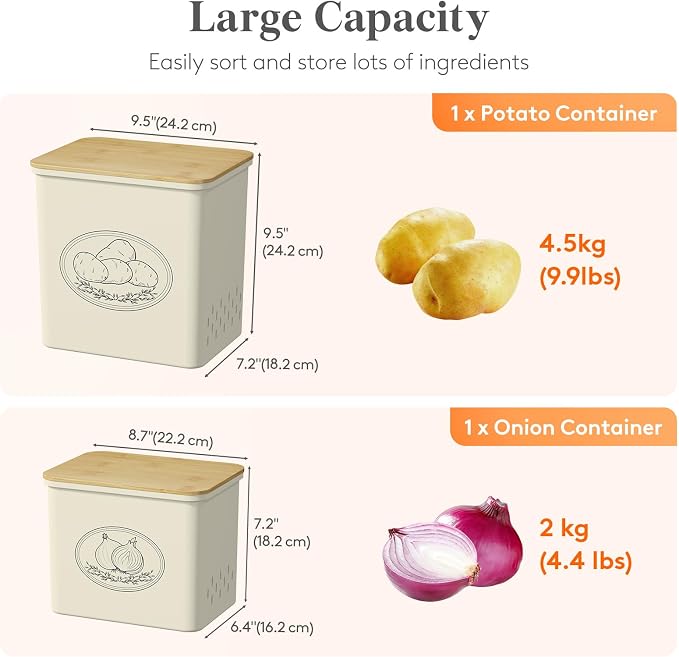 Lifewit Onion and Potato Storage Bin with Aerating Holes and Lid, Stackable Garlic Keeper, Plastic Vegetable Container Box for Kitchen, Beige, Set of 2