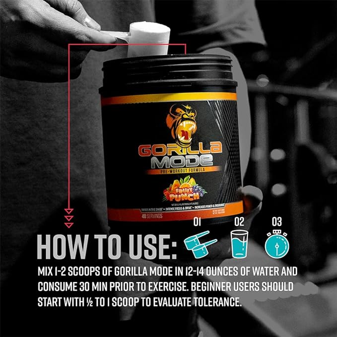 Gorilla Mind Pre Workout - Massive Pumps Laser Focus Energy Power - L-Citrulline, Creatine, L-Tyrosine, Betaine, Hydroprime, Alpha-GPC, 400mg Caffeine, Huperzine A - 816g (Fruit Punch)