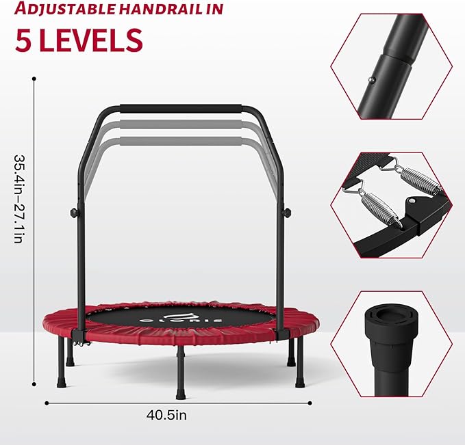 CLORIS 40in Folding Trampoline Mini Trampoline Rebounder Trampoline for Adults Fitness Trampoline with Adjustable Foam Handle, with safty Padded Cover Best Gift.