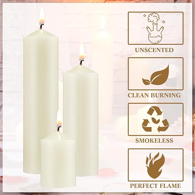 MTLEE Set of 72 Ivory Pillar Candles 2 x 3, 2 x 6, 2 x 8 Inch Smokeless and Dripless Unscented Large Candles Long Clean Burning Rustic Pillar for Wedding Dinner Home Decor