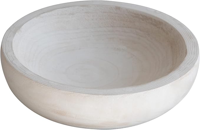 COLLECTIVE HOME - Paulownia Wood Hand Carved Tray, Fruit Snack Holder, Decorative Bowl, Rustic Home Decor Accessories for Coffee Table, Living Room, Wedding Centerpiece, 10" (washed white)
