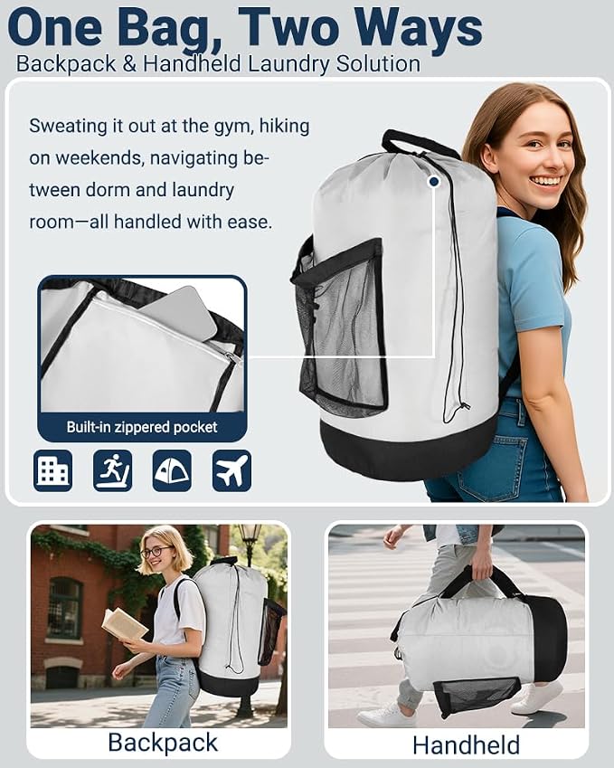 Laundry Bag with Shoulder Straps and Mesh Pocket Laundry Backpack Large Portable Laundry Hamper for College Laundromat Apartment