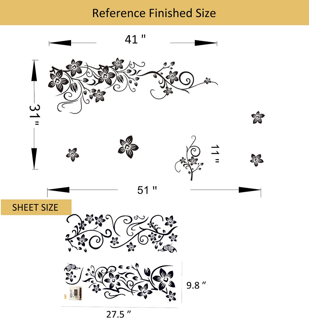Supzone Flowers Vine Decals Black Flowers Butterfly Wall Decor Removable Vinyl DIY Home Art Stickers for Bedroom Living Room Sofa Backdrop TV Wall Decoration