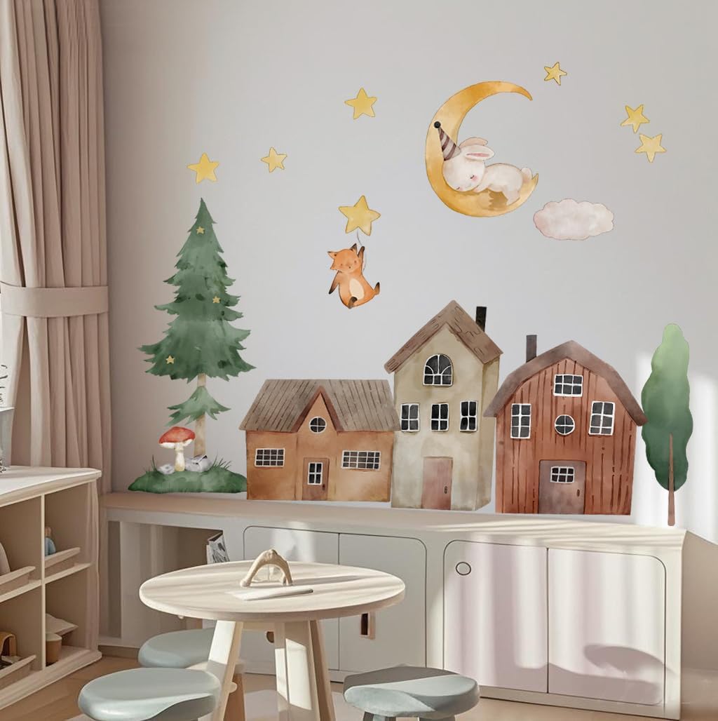 Cute Forest House Wall Decals for Kids Room, Large Nursery Wall Stickers with Moon & Stars, Eco-Friendly PVC Wall Decor for Bedroom