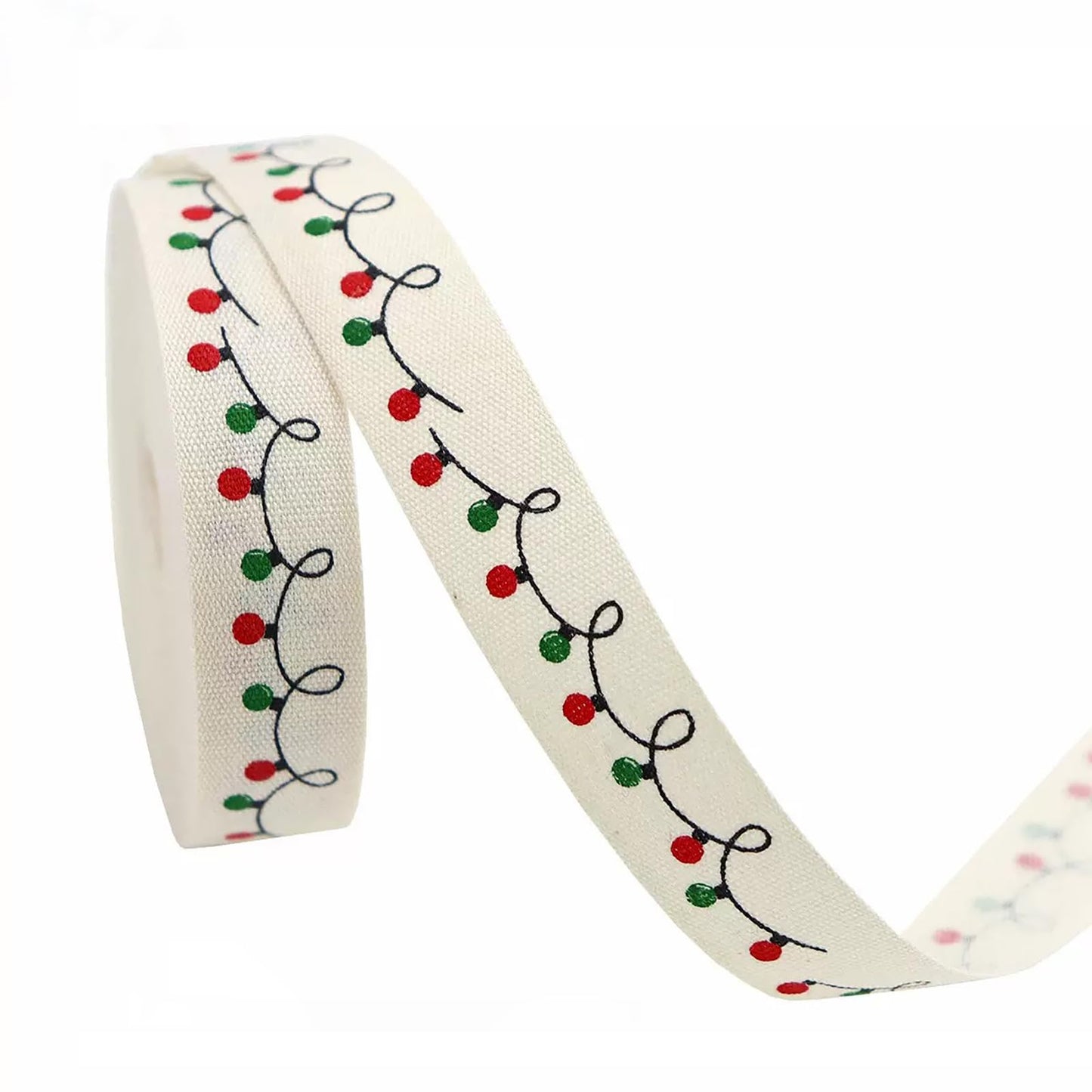 10 Yards Merry Christmas Cotton Ribbon, 5/8 Inch, Red Green White Merry Wrapping Ribbon for Craft Wreath Decor Bow Flower Bouquet (String Lights)