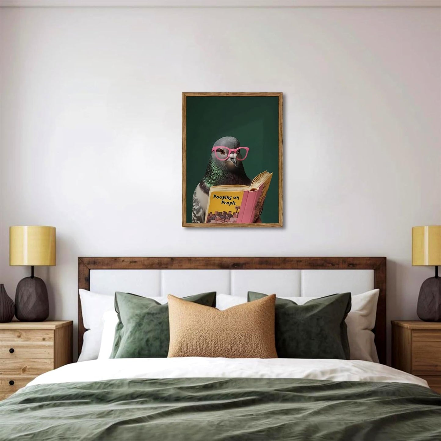Framed Funny Pigeon Wall Art, Humorous Bird Reading Wall Decor Paintings, Pooping on People Book Pictures Canvas Print Eclectic Home Decor for Bathroom Living Room Office Dorm 12x16 inch